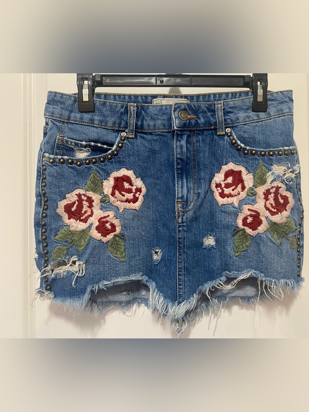 Free People Blue Denim Skirt with Rose Embroidery